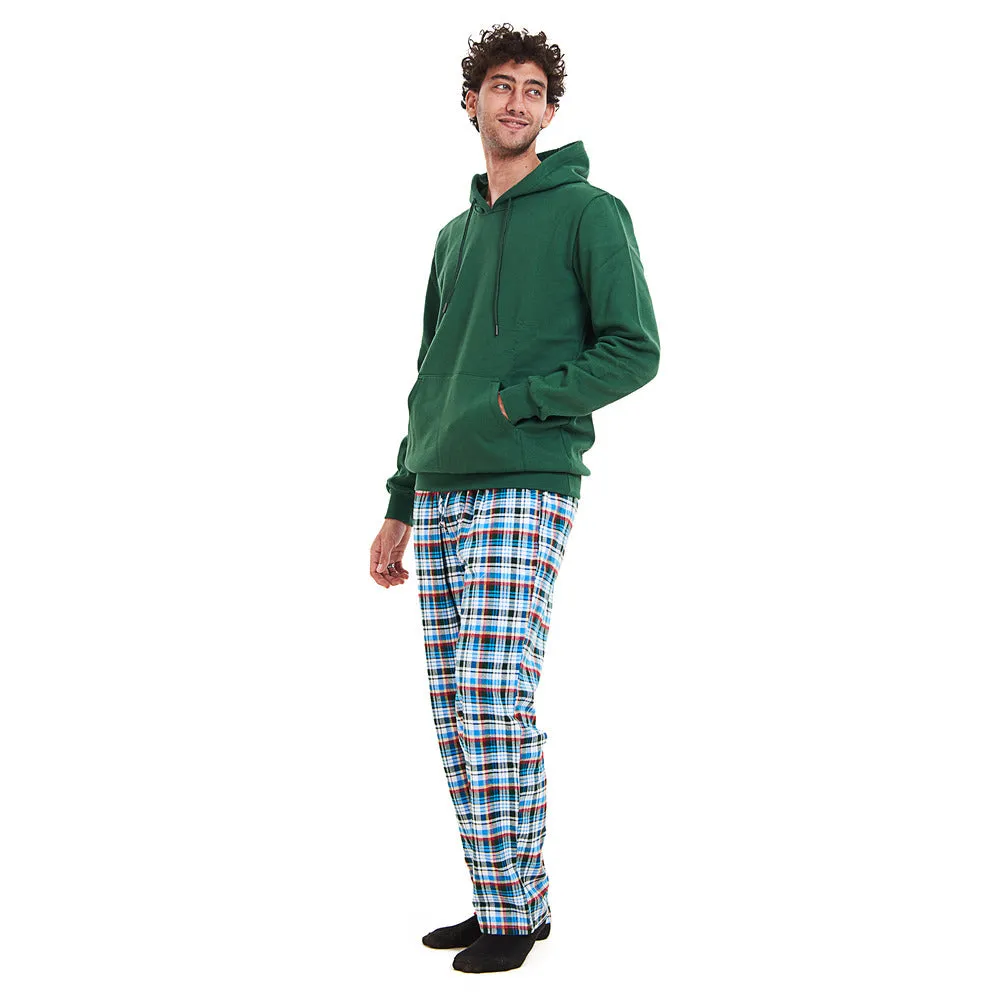 Men Winter Pajama Set Green Hoodie   Turquoise x Dark Green Checkered Pants