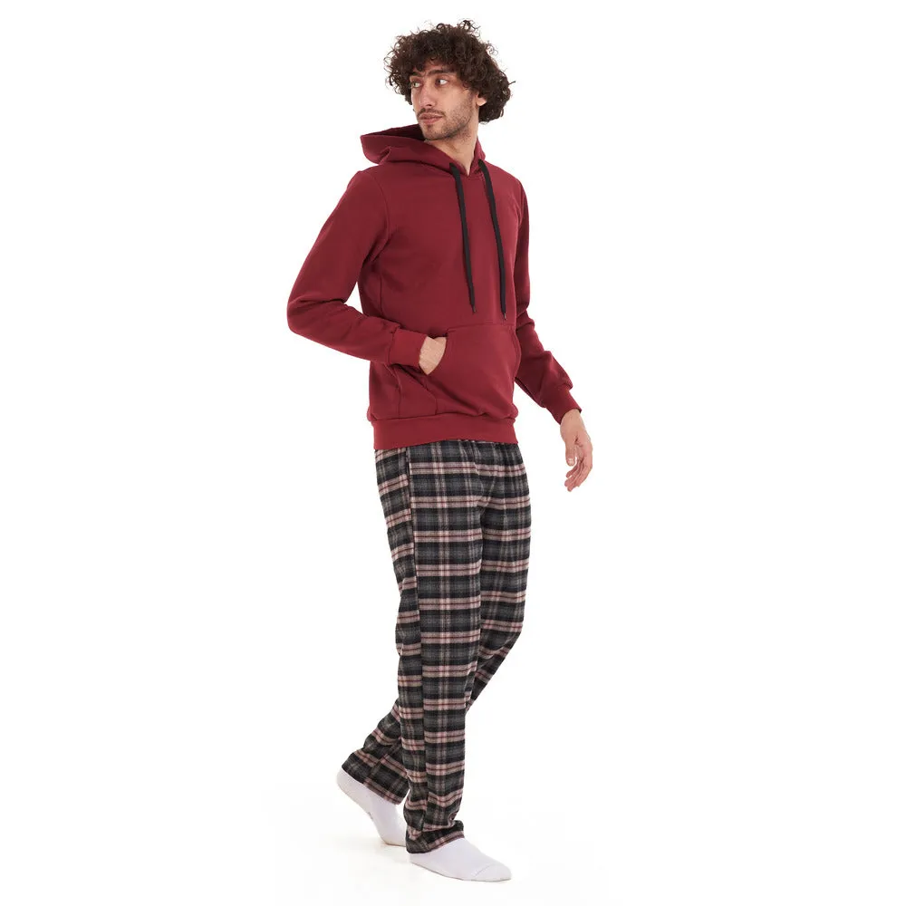 Men Winter Pajama Set Maroon sweatshirt  Maroon checkered Pants