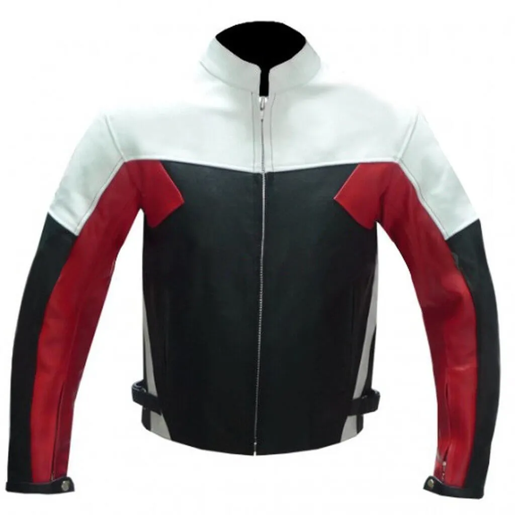 MENS BIKER LEATHER BLACK RED WHITE BIKER LEATHER JACKET, BIKER JACKET FOR MENS