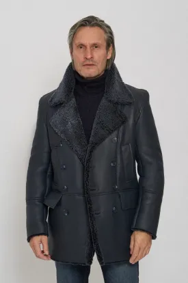 Men's Black Classic Pea Shearling Leather Coat