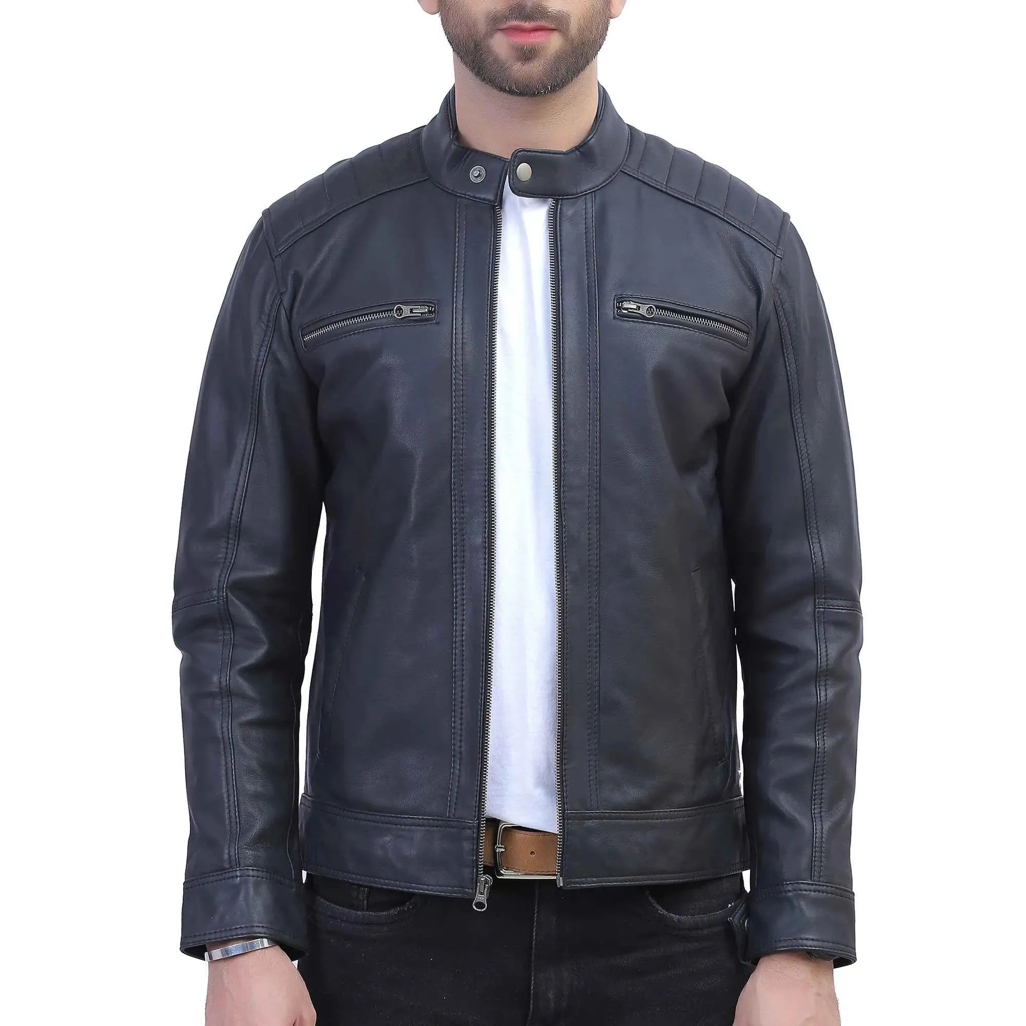 Mens Black Quilted Shoulder Distressed Leather Jacket