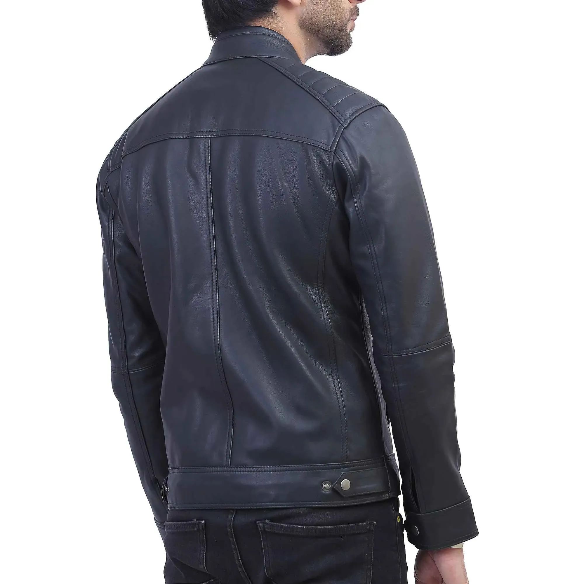 Mens Black Quilted Shoulder Distressed Leather Jacket