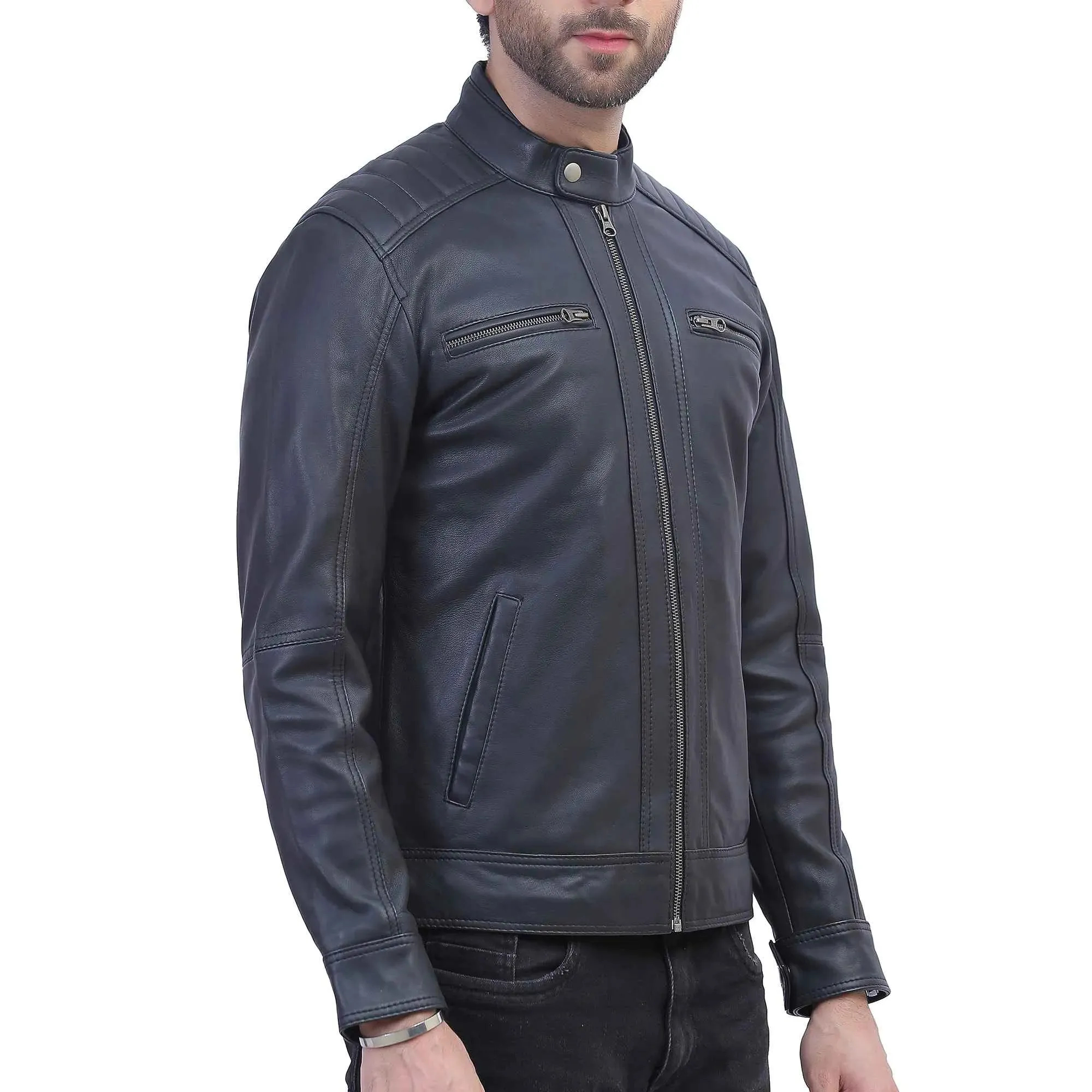 Mens Black Quilted Shoulder Distressed Leather Jacket