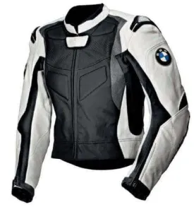 Men's Black White Motorcycle Racing Biker Leather Jacket