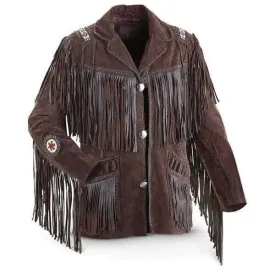 Men's Bluish Brown Suede Western Cowboy Leather Jacket Fringe Bones