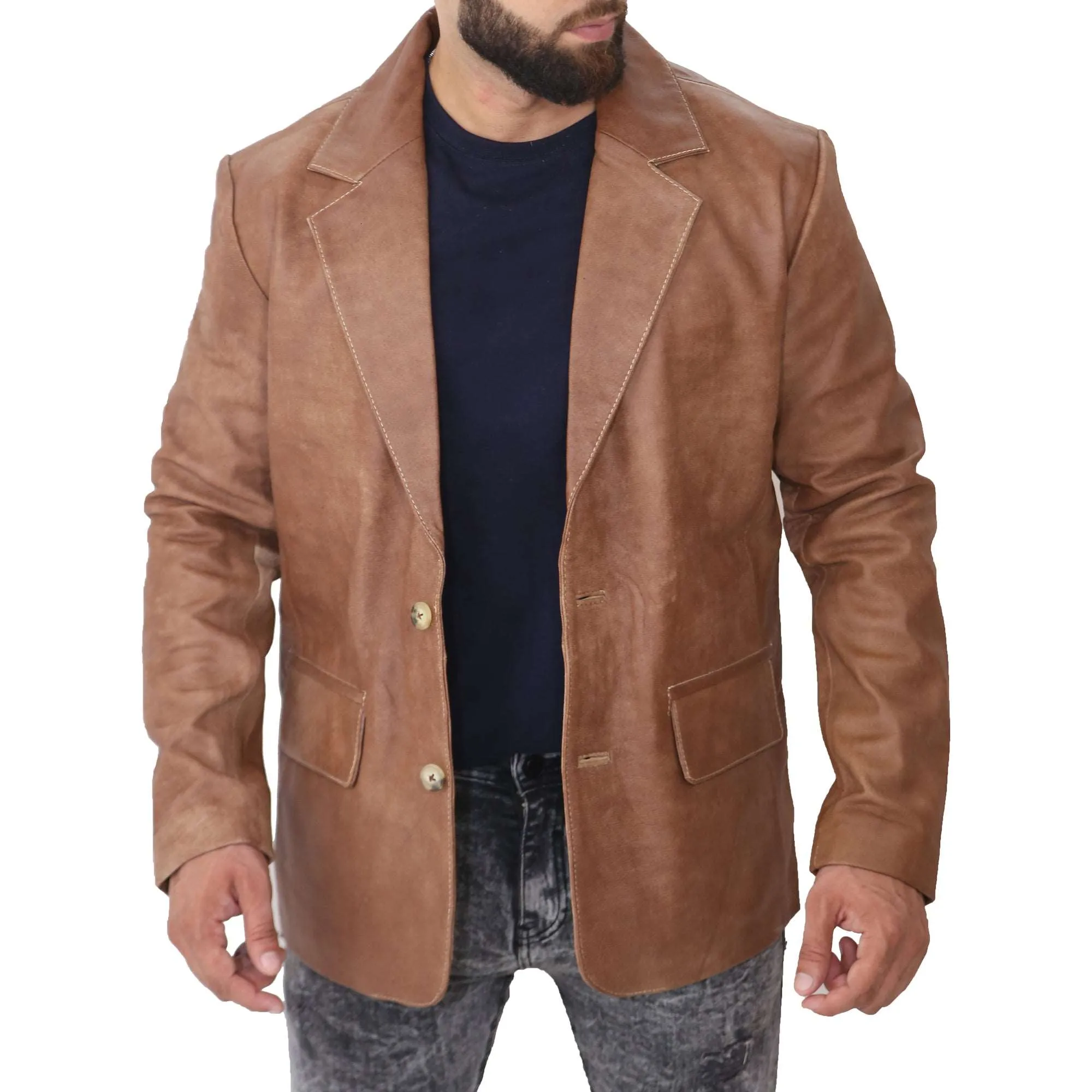 Men's Fashion Brown Leather Blazer Coat