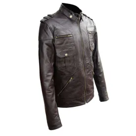 Men's Genuine Zipper Button Leather Quilted Motorcycle Brown Jacket Slim fit Biker Jacket