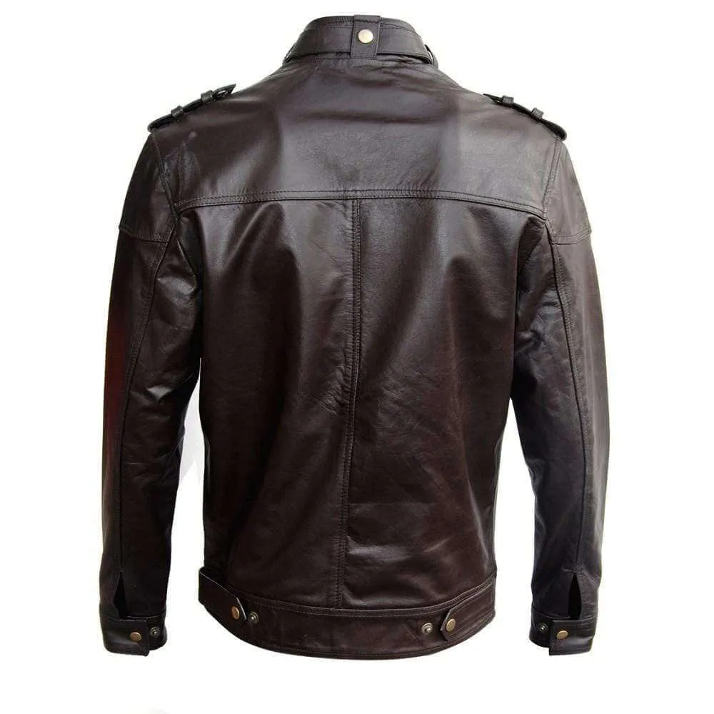 Men's Genuine Zipper Button Leather Quilted Motorcycle Brown Jacket Slim fit Biker Jacket