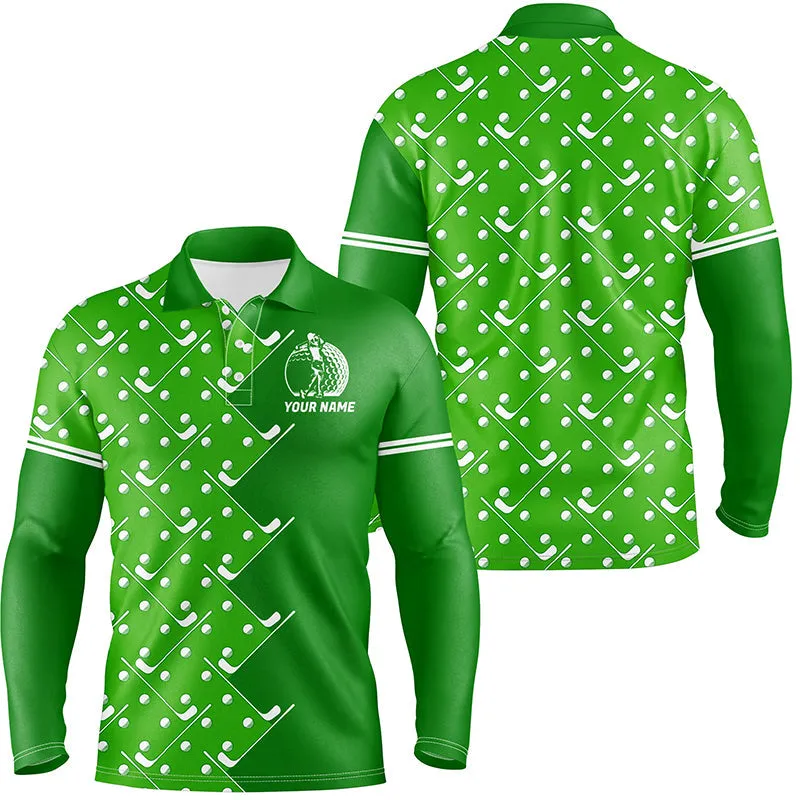 Mens Golf Long Sleeve Polo Shirts Custom Green Golf Pattern Men's Golf Clothing, Unique Golf Gifts