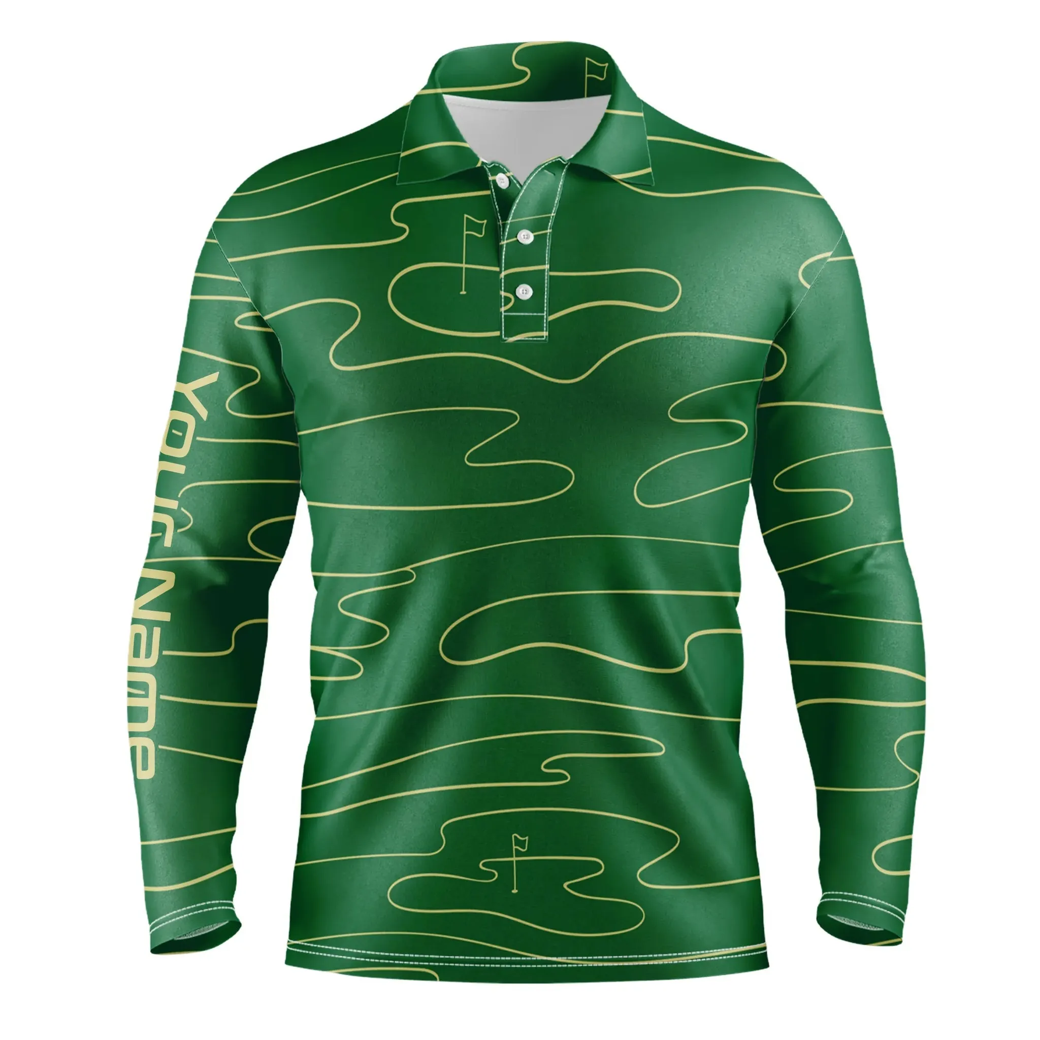 Mens Golf Polo Shirts Custom Name Mens Green Golf Course Pattern Tournament Golf Polo Shirts