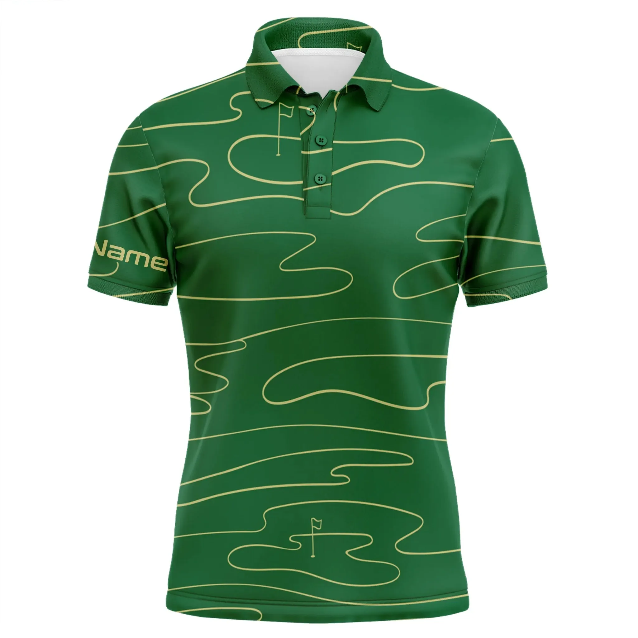 Mens Golf Polo Shirts Custom Name Mens Green Golf Course Pattern Tournament Golf Polo Shirts