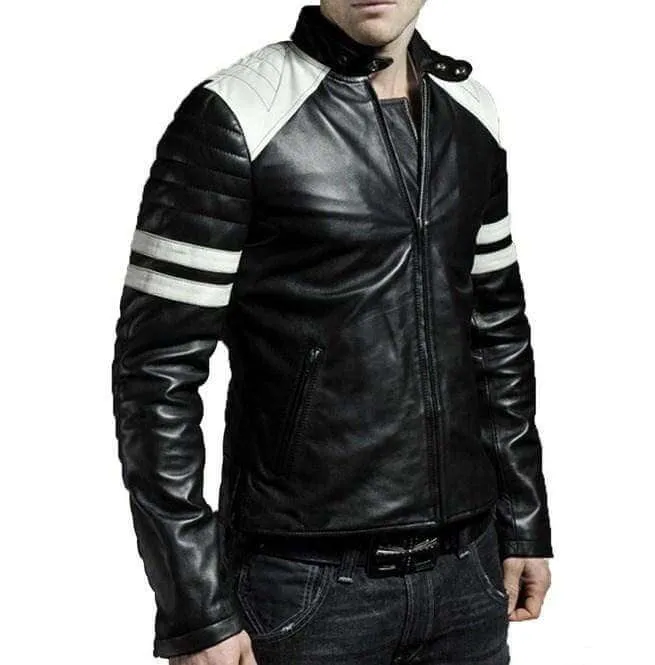 Men's Leather White Stripped Jacket, Black Biker Handmade Jacket