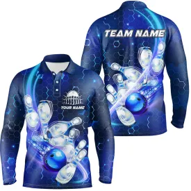 Mens Long Sleeve Polo Bowling Shirts Custom Blue Light Bowling Ball Pins Hexagon Pattern Bowling Team Jersey