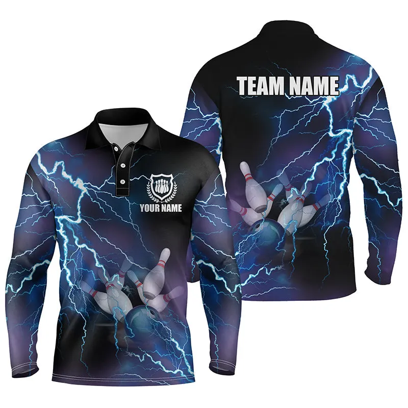 Mens Long Sleeve Polo Bowling Shirts Custom Blue Lightning Thunder Bowling Team Jersey, Gift For Team Bowlers