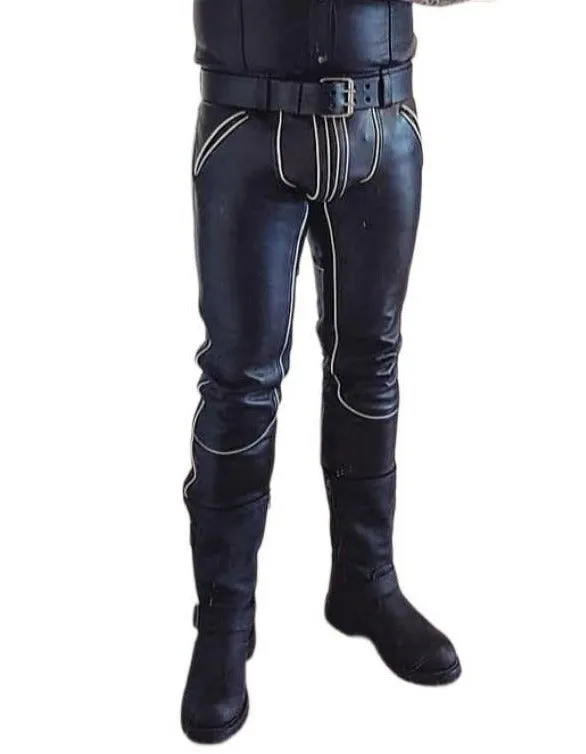 Men's Real Leather Pants with White Piping