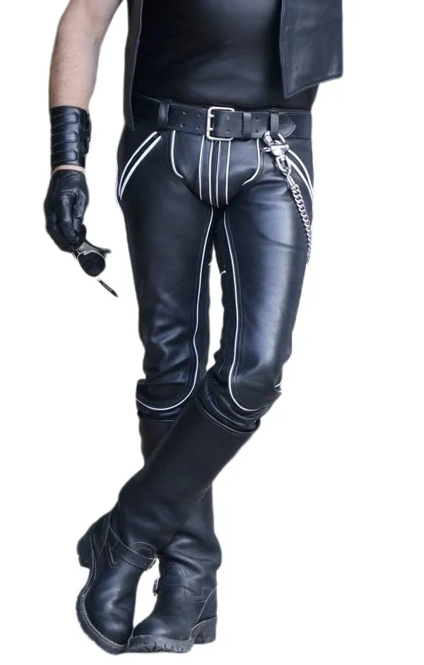 Men's Real Leather Pants with White Piping