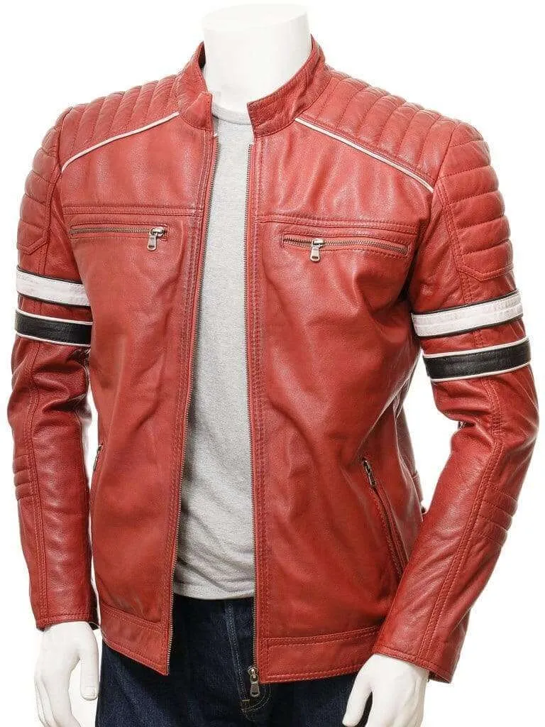 Men's Red Color Black White Striped Leather Biker Jacket, Men genuine leather jacket for men