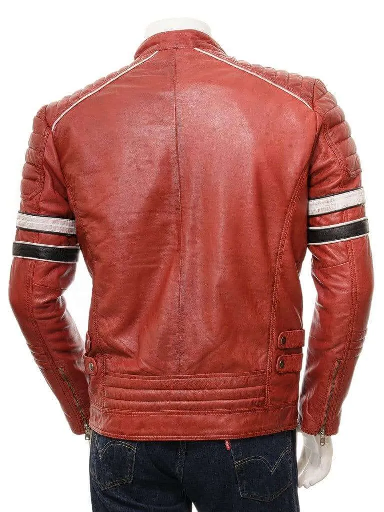 Men's Red Color Black White Striped Leather Biker Jacket, Men genuine leather jacket for men