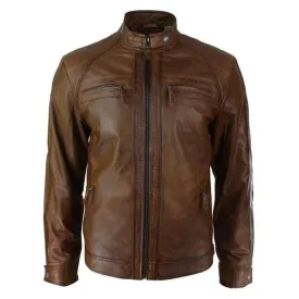 Men's Retro Style Zipped Biker Jacket Real Leather Soft Brown Casual Jacket