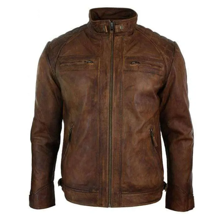 Men's Retro Style Zipped Biker Jacket Real Leather Soft Brown Casual Jacket