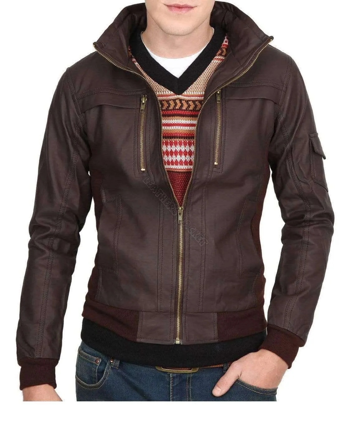 Mens Slim Leather Jacket, Brown Biker Leather Jacket, Zipper Pocket Jacket