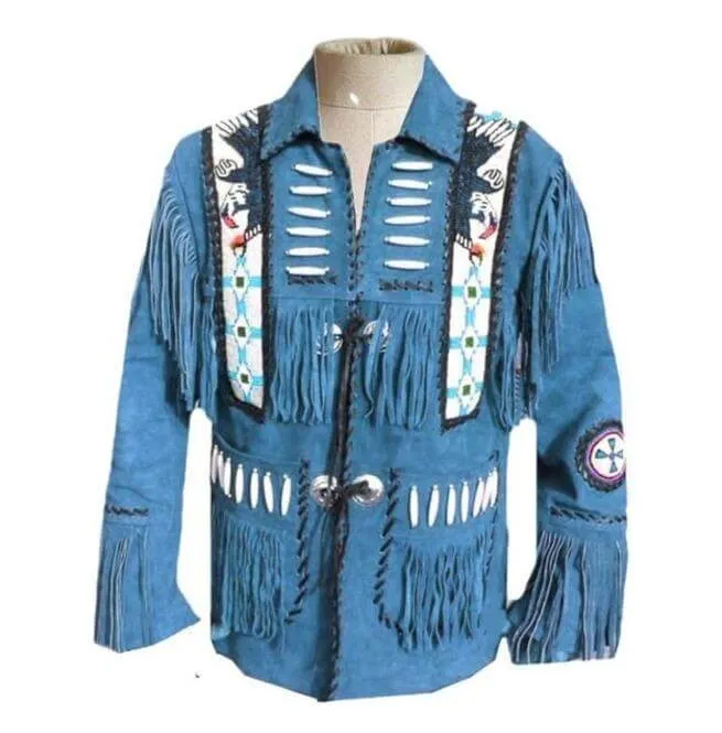 Men's Western Suede Jacket, Blue Cowboy Fringe Suede Jacket