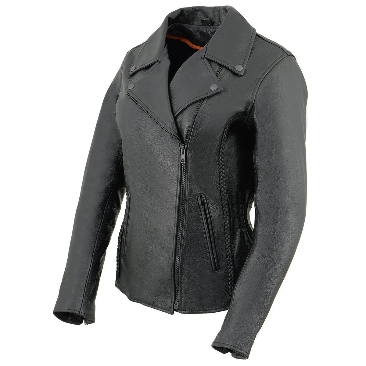 Milwaukee Leather LKL2711 Women's Braided Black Leather Motorcycle Rider Jacket w/ Studded Back