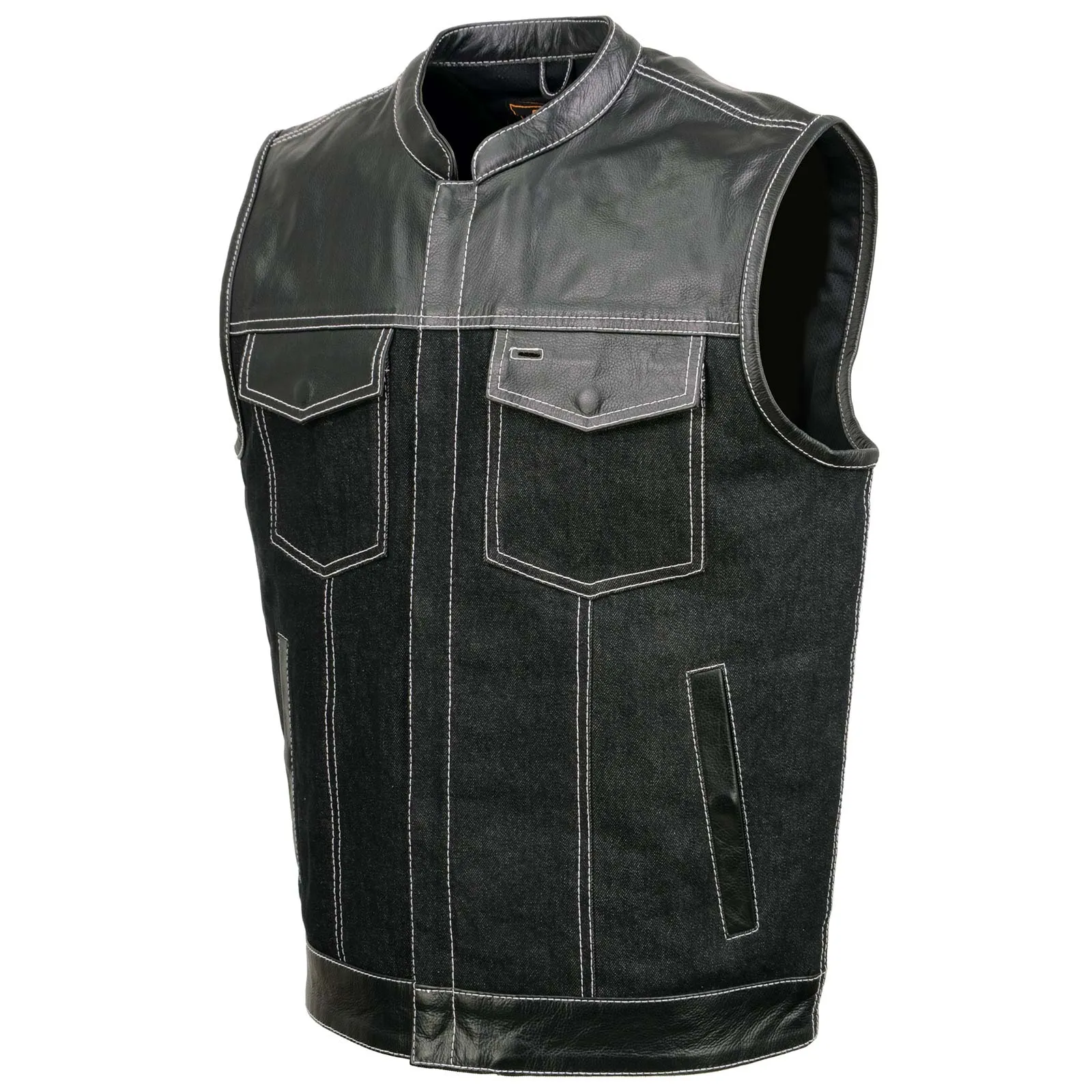 Milwaukee Leather MDM3006 Men's 'Brute' Black Denim and Black Leather Club Style Vest w/ Hidden Dual Closure