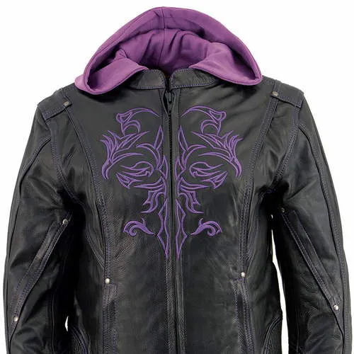 Milwaukee Leather ML2067 Women's 3/4 Black and Purple Leather Hoodie Jacket with Reflective Tribal Design