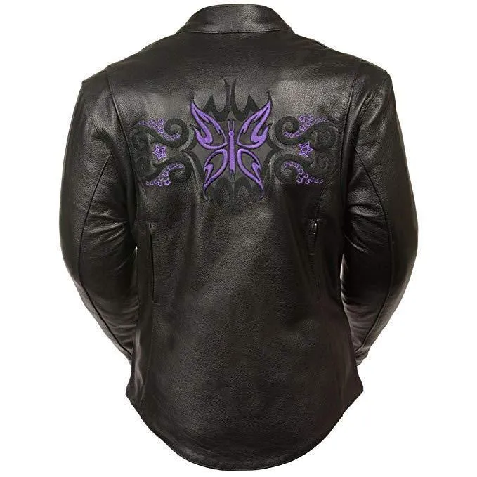 Milwaukee Leather ML2071 Women's Black Leather Jacket with Purple Butterfly Design