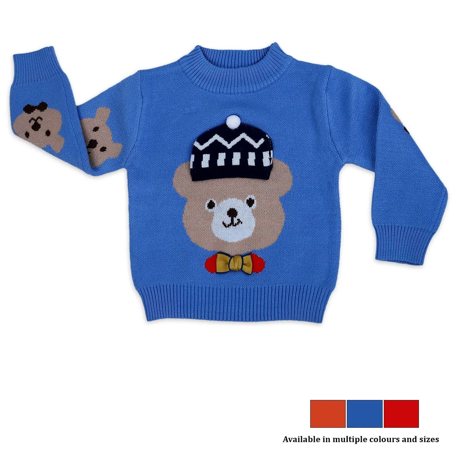 Mr. Bear Premium Full Sleeves Knitted Sweater With 3D Applique - Blue