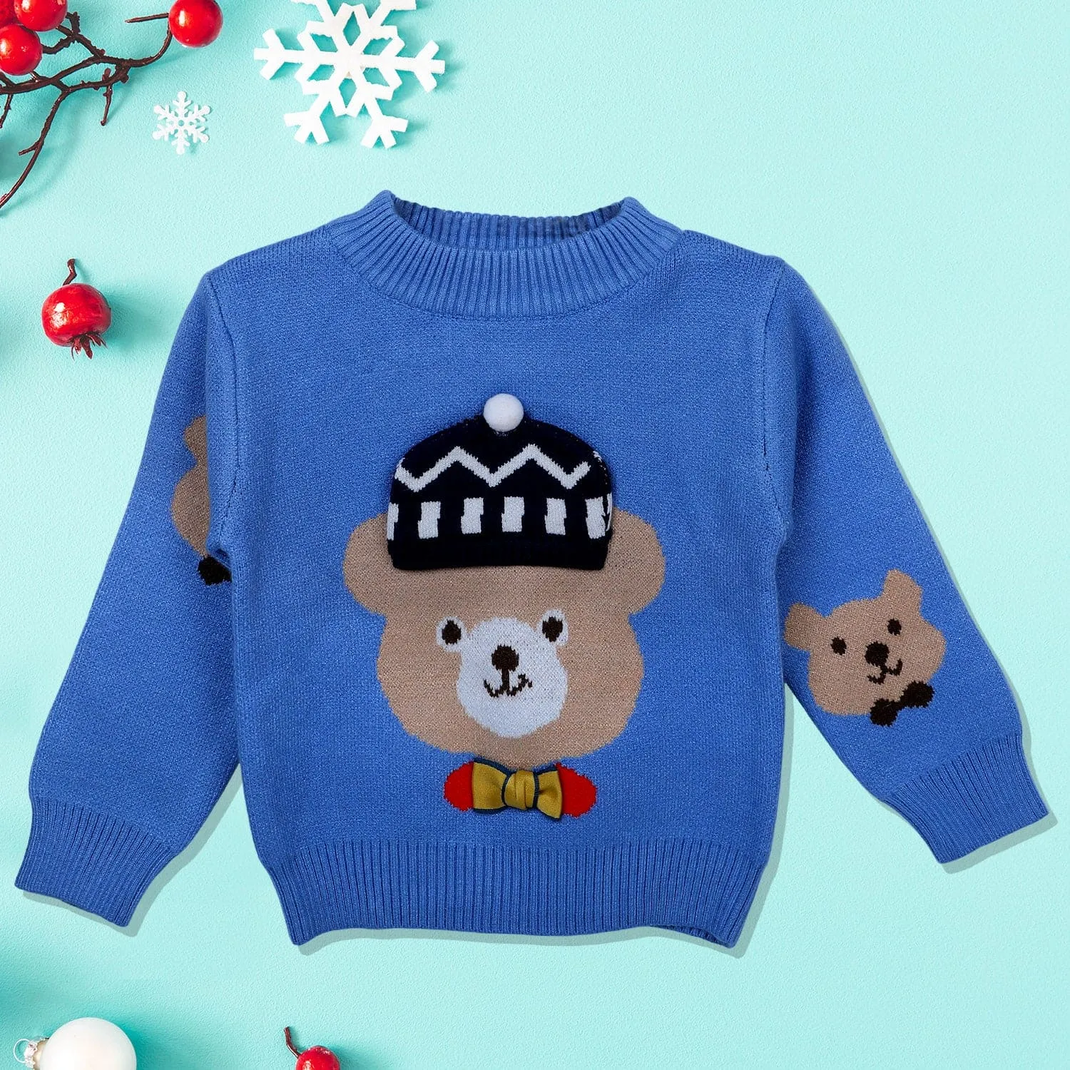 Mr. Bear Premium Full Sleeves Knitted Sweater With 3D Applique - Blue