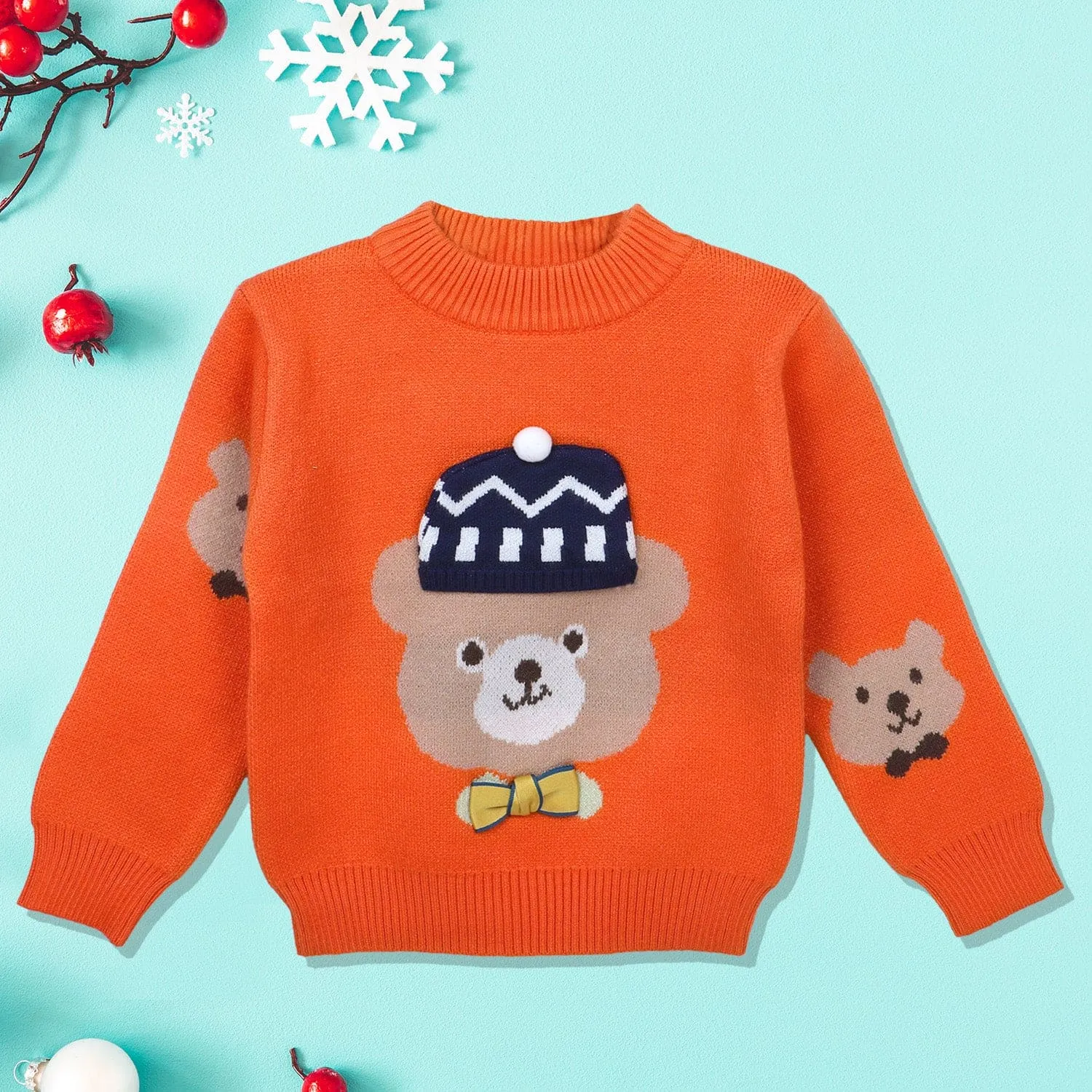 Mr. Bear Premium Full Sleeves Knitted Sweater With 3D Applique - Orange