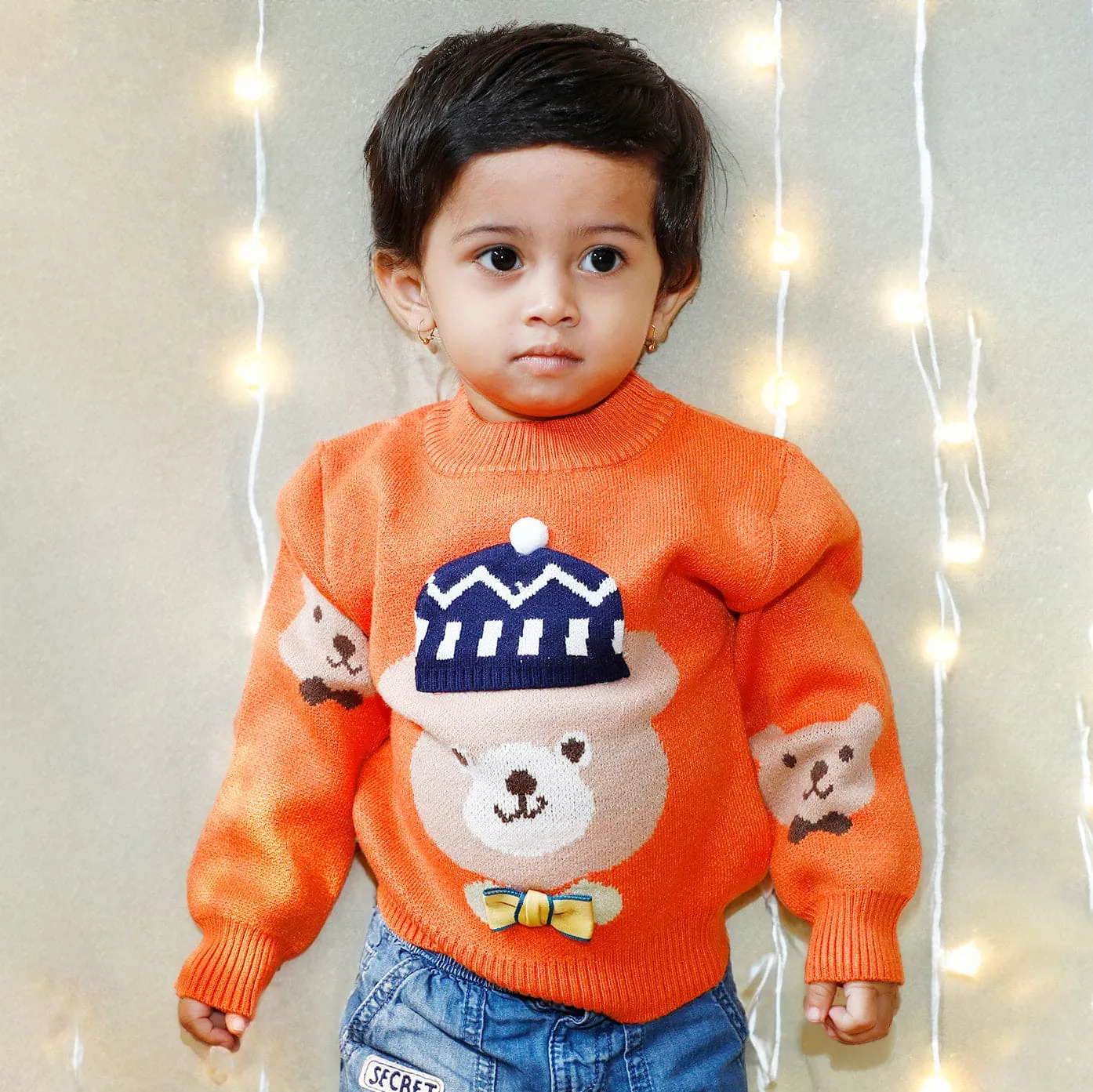 Mr. Bear Premium Full Sleeves Knitted Sweater With 3D Applique - Orange