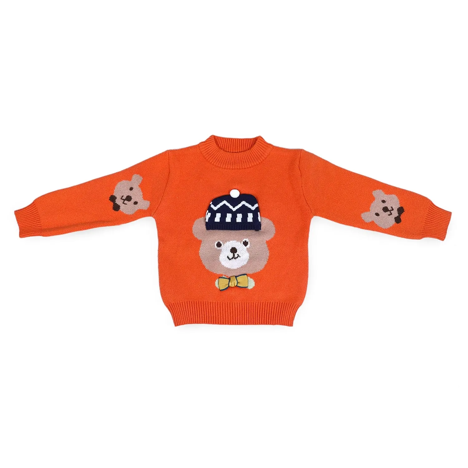 Mr. Bear Premium Full Sleeves Knitted Sweater With 3D Applique - Orange