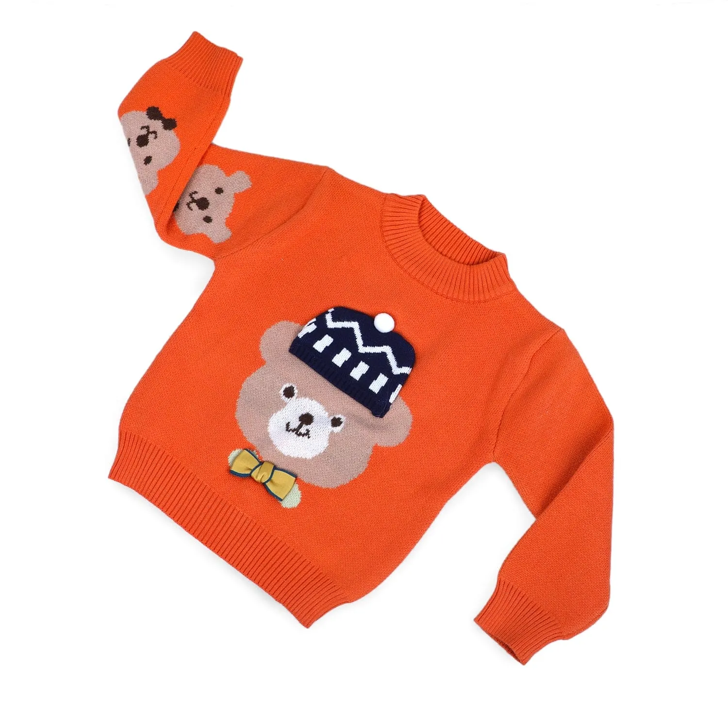 Mr. Bear Premium Full Sleeves Knitted Sweater With 3D Applique - Orange