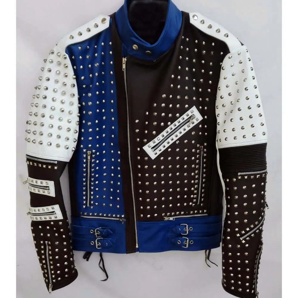 Multi Color Full Studded Biker Leather Jacket with Adjustable Waist Belted Strap