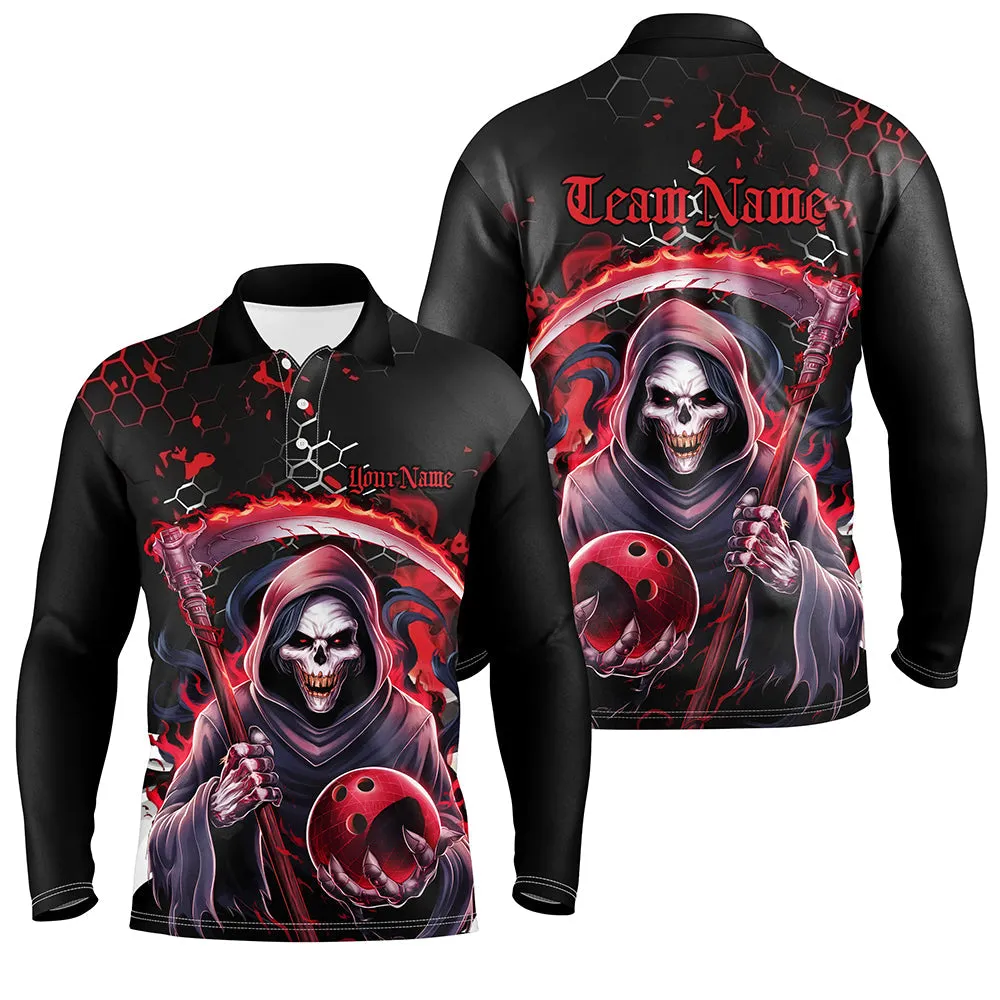 Multicolor Reaper Skull Custom Skull Bowling Polo Shirts For Men, Halloween Long Sleeve Bowling Shirts