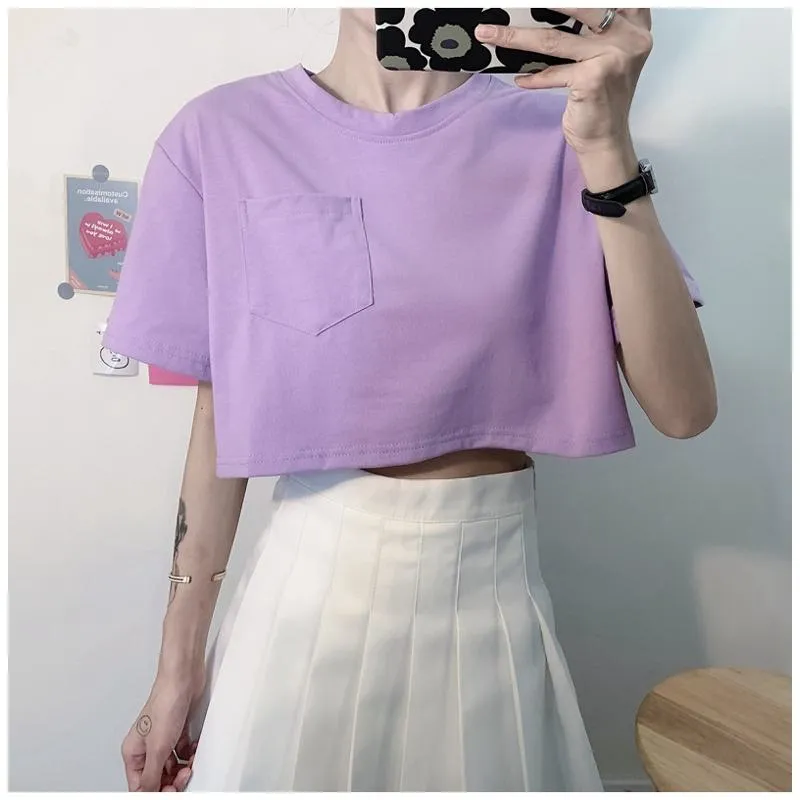 Navel-Baring Lycra Pocket Cropped Solid Color Craft Short Sleeve Tee