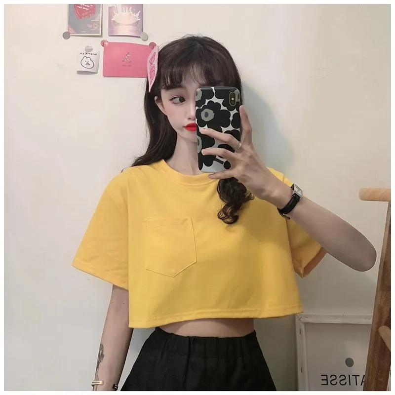 Navel-Baring Lycra Pocket Cropped Solid Color Craft Short Sleeve Tee