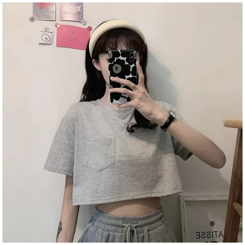 Navel-Baring Lycra Pocket Cropped Solid Color Craft Short Sleeve Tee