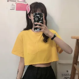 Navel-Baring Lycra Pocket Cropped Solid Color Craft Short Sleeve Tee