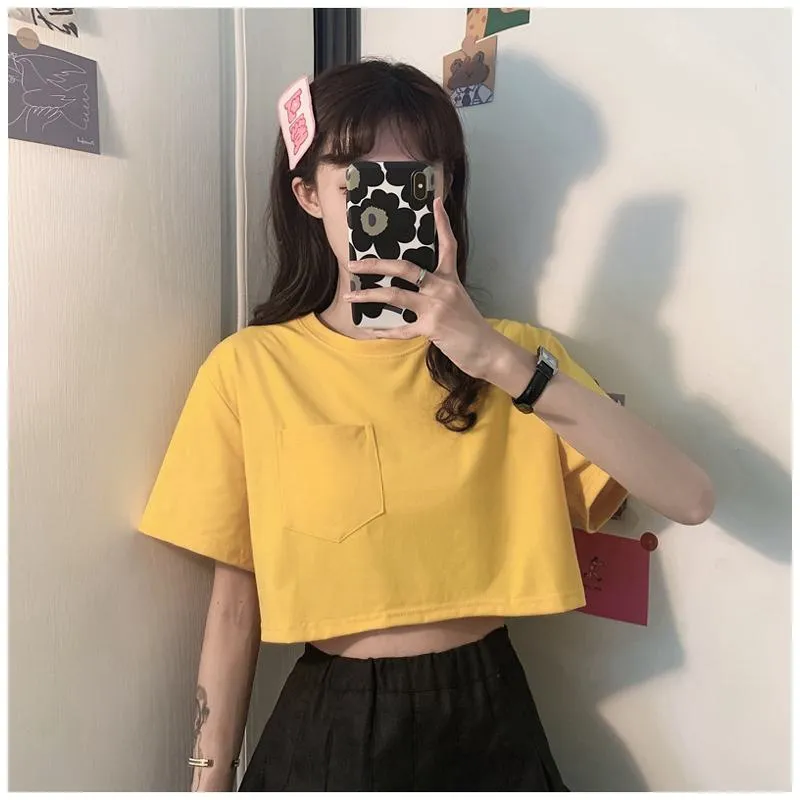 Navel-Baring Lycra Pocket Cropped Solid Color Craft Short Sleeve Tee