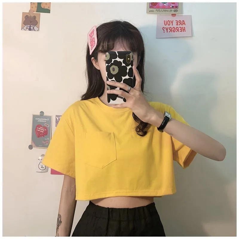 Navel-Baring Lycra Pocket Cropped Solid Color Craft Short Sleeve Tee