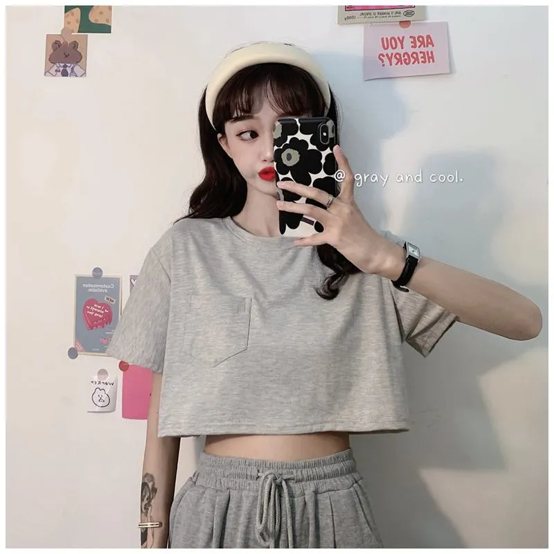 Navel-Baring Lycra Pocket Cropped Solid Color Craft Short Sleeve Tee