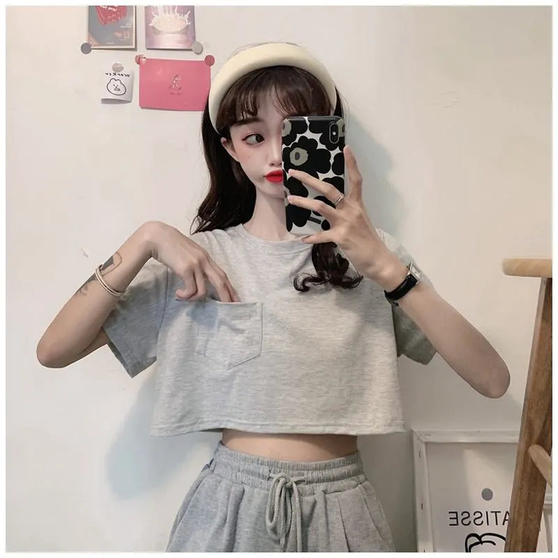 Navel-Baring Lycra Pocket Cropped Solid Color Craft Short Sleeve Tee