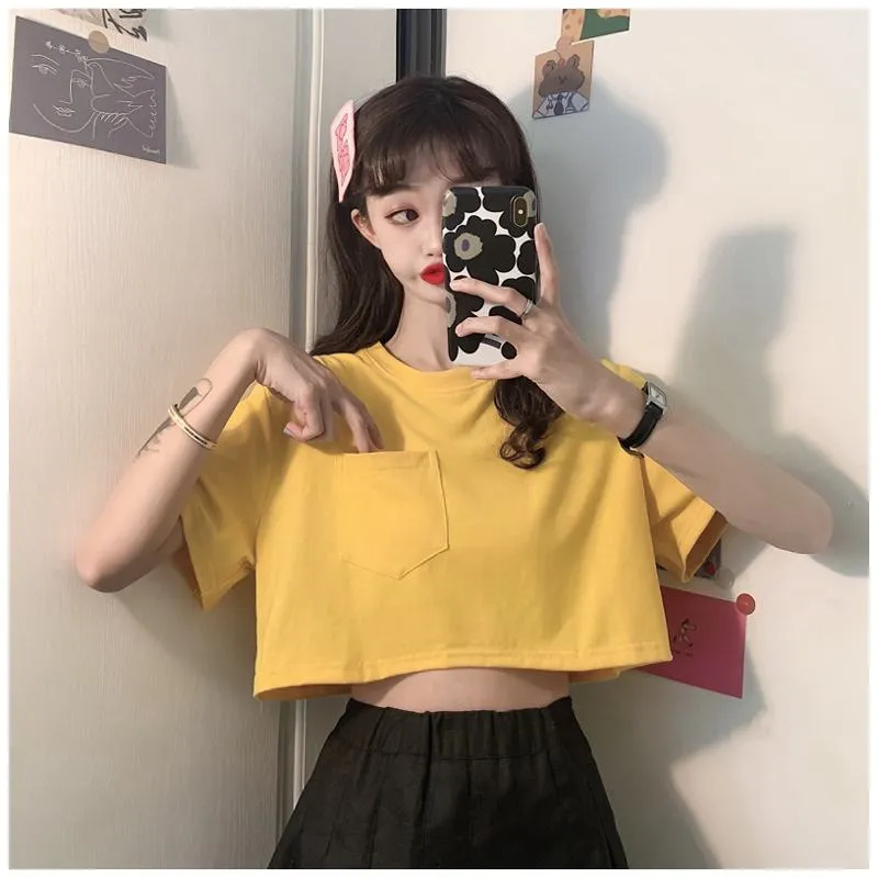 Navel-Baring Lycra Pocket Cropped Solid Color Craft Short Sleeve Tee