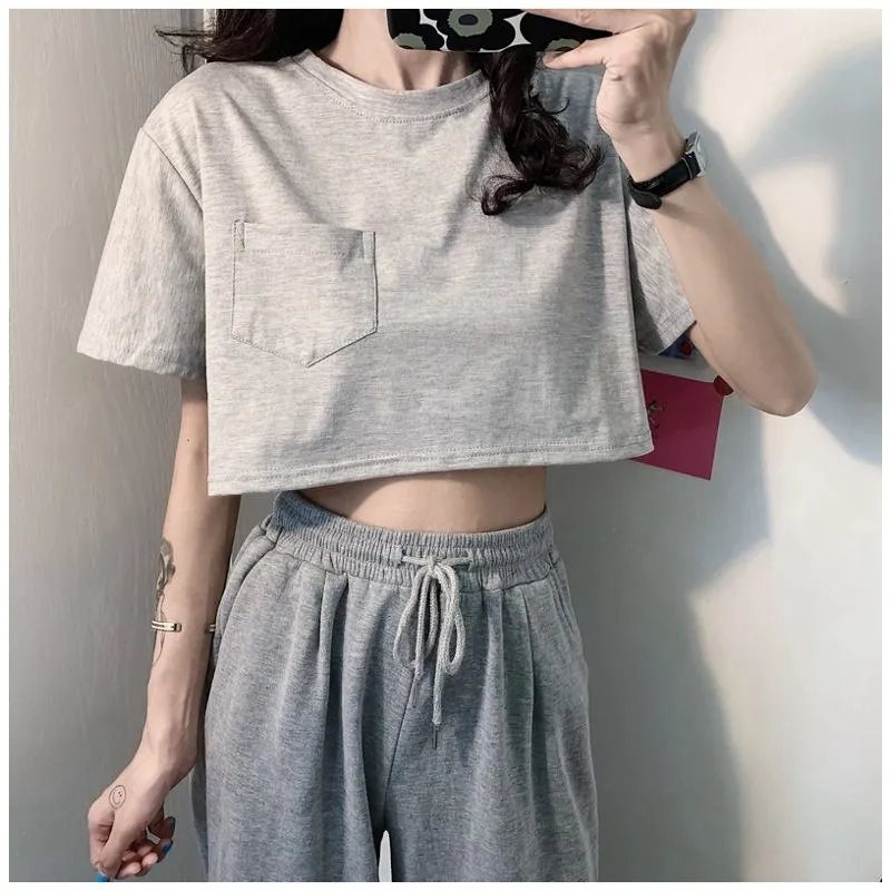 Navel-Baring Lycra Pocket Cropped Solid Color Craft Short Sleeve Tee