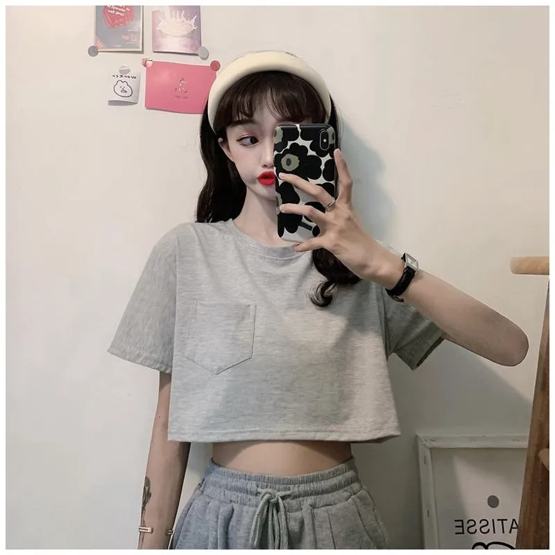 Navel-Baring Lycra Pocket Cropped Solid Color Craft Short Sleeve Tee