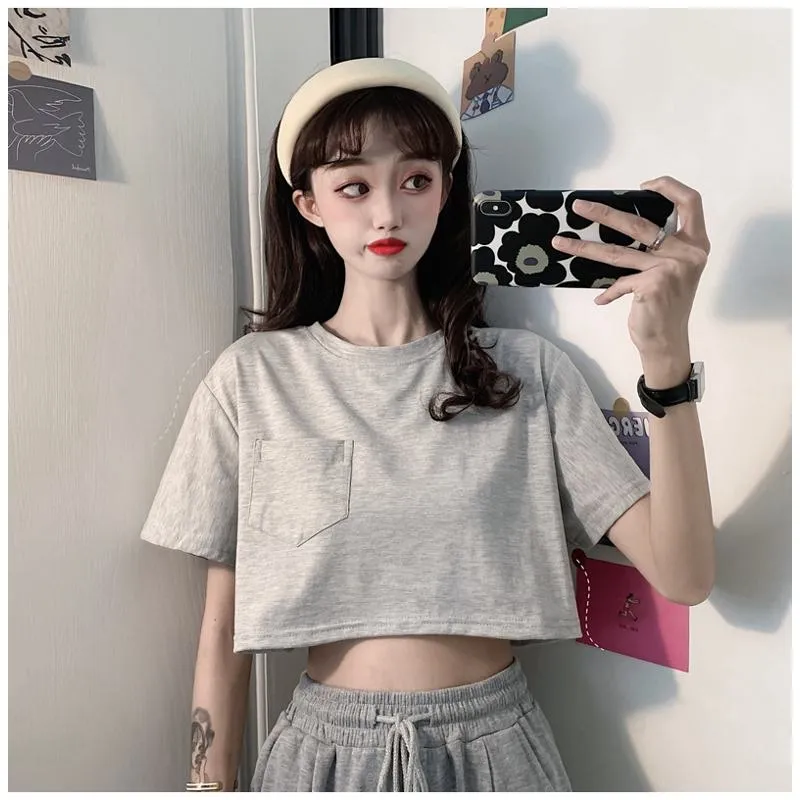 Navel-Baring Lycra Pocket Cropped Solid Color Craft Short Sleeve Tee